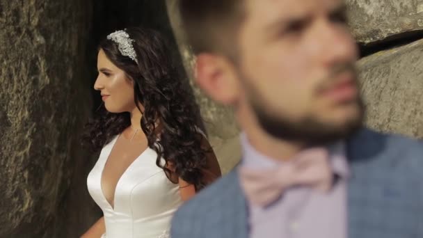 Sposo con sposa vicino alle colline di montagna. Matrimonio. Famiglia felice innamorata — Video Stock