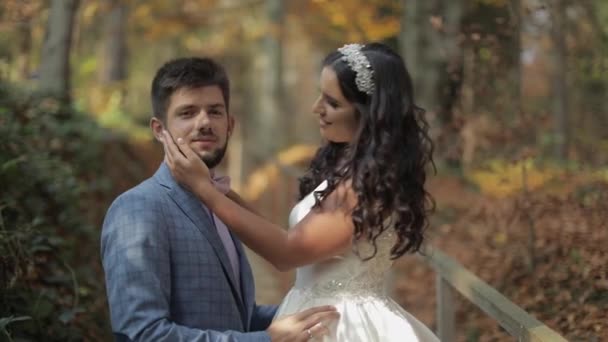 Groom with bride near mountain hills in the forest. Couple. Making a kiss — Stock Video