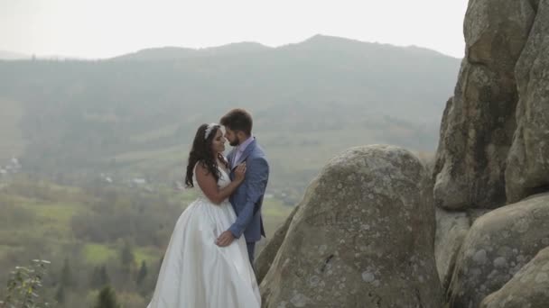 Sposo con sposa su una collina di montagna nella foresta. Matrimonio coppia — Video Stock