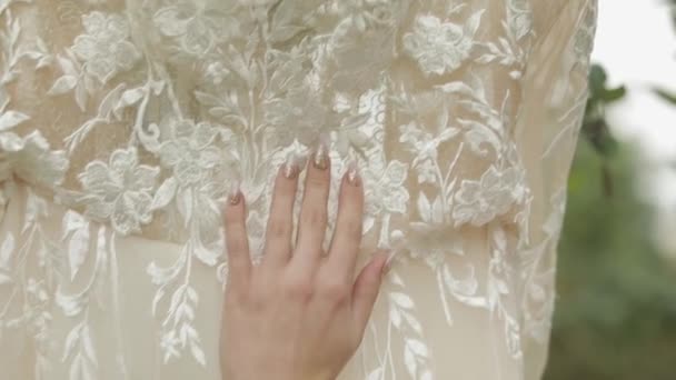 Mooie en mooie bruid in nachtjapon en sluier. Trouwjurk. Slow Motion — Stockvideo