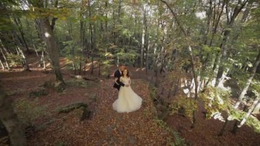 Orman parkında geliniyle damat. Düğün çifti. Mutlu aile