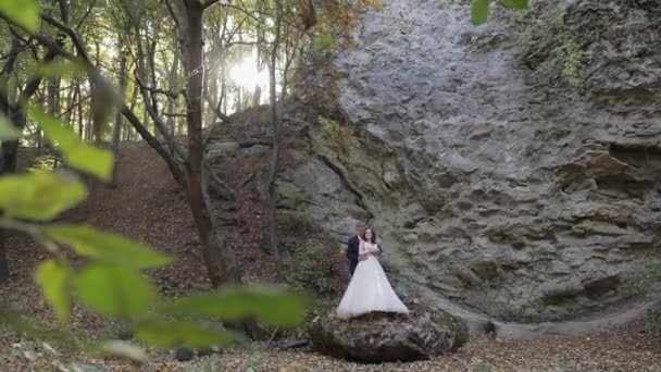 Brudgummen med bruden i skogen parken. Bröllops paret. Lycklig familj — Stockvideo