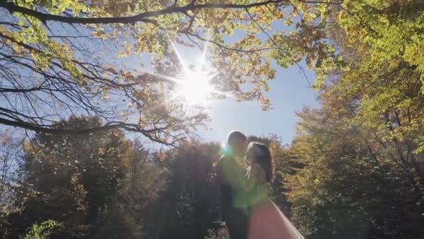 Groom with bride in the forest park. Wedding couple. Happy family — Stock Video