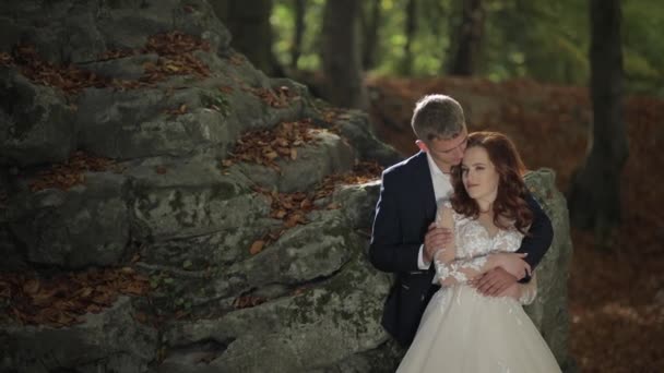 Γαμπρός με τη νύφη στο δασικό πάρκο. Ζευγάρι γάμων. Ευτυχισμένη οικογένεια — Αρχείο Βίντεο
