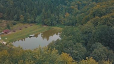 Ormanın ortasındaki göl. Yukarıdan görüntüle. Sonbahar. Hava