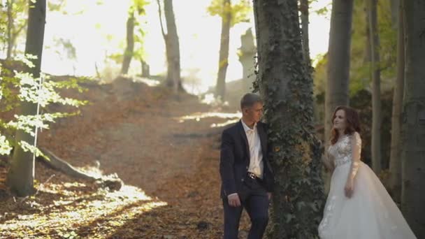 Novio con novia en el parque forestal. Pareja de bodas. Familia feliz — Vídeo de stock