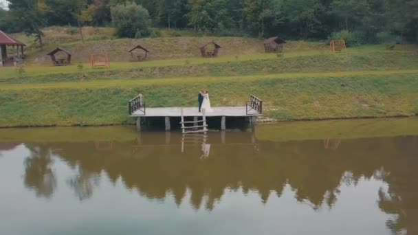 Groom with bride near lake in the park. Wedding couple. Aerial shot — Stock Video