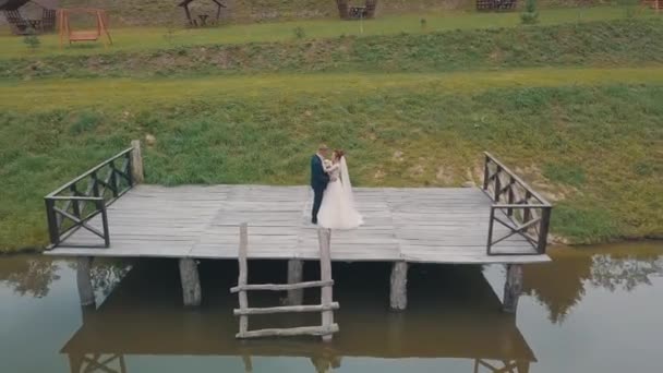 Γαμπρός με νύφη κοντά στη λίμνη στο πάρκο. Ζευγάρι γάμων. Εναέρια βολή — Αρχείο Βίντεο
