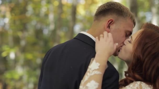 Orman parkında geliniyle damat. Düğün çifti. Bir öpücük yapmak — Stok video