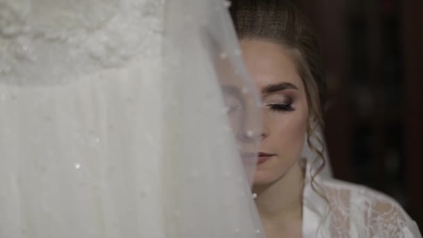 Hermosa y encantadora novia en vestido de noche y velo. Vestido de novia. Movimiento lento — Vídeos de Stock