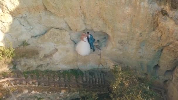 Casamento. Lindo noivo e noiva. Família feliz. Tiro aéreo — Vídeo de Stock