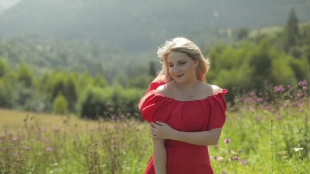 Vacker och härlig kvinna på fältet. Vacker och välvårdad kvinna — Stockvideo