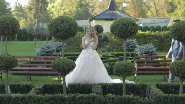 Wedding couple. Lovely groom and bride. Happy family. Man and woman in love — Stock Video