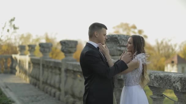 Pareja de bodas. Precioso novio y novia. Familia feliz. Hombre y mujer enamorados — Vídeo de stock