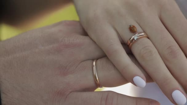 Las manos de los novios. Mariquita lentamente arrastrándose a través de anillos de boda — Vídeo de stock