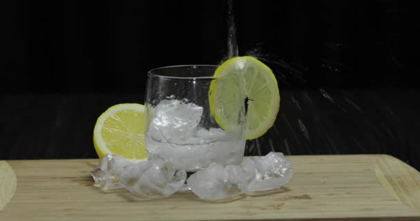 Versare il succo di limone nel bicchiere con fette di ghiaccio, timo e limone — Video Stock