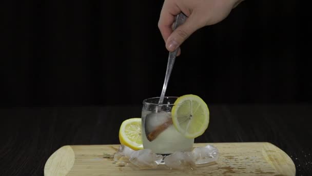 एक चमचा लिंबाचा रस मिसळा. अल्कोहोल कॉकटेल पेय रीफ्रेश करणे — स्टॉक व्हिडिओ