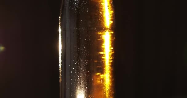 Flasche kaltes Bier auf schwarzem Hintergrund. es dreht sich langsam. Kondensat — Stockvideo