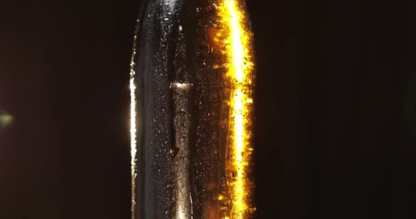 黒い背景に冷たいビールのボトル。ゆっくりと回転します。凝縮 — ストック動画