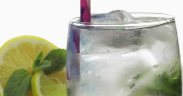 Перемешивание в стакане с холодным напитком, листья мяты, лайма, лимона, смородины, льда — стоковое видео