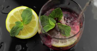 Nane, limon, limon, kuş üzümü, buz küpleri yaprakları ile bir bardak su dökün