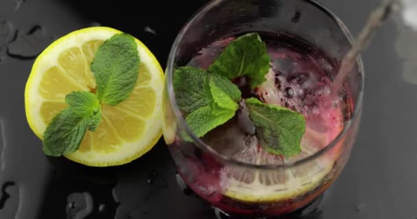 Versare acqua in un bicchiere con foglie di menta, lime, limone, ribes, cubetti di ghiaccio — Video Stock