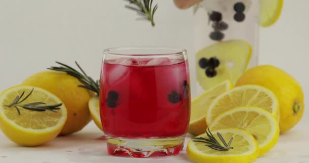 Adding rosemary branch in a glass with soda lemonade red cocktail — Stock Video