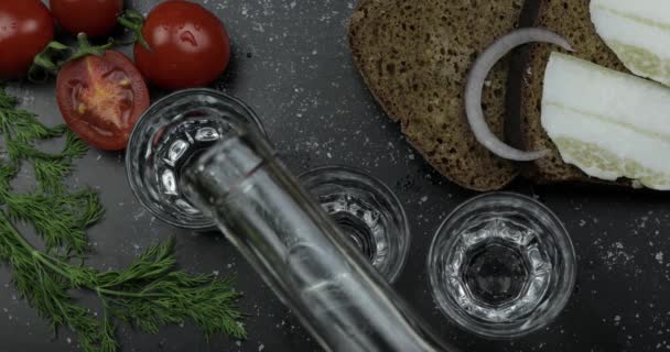 Wodka aus einer Flasche in drei Schnapsgläser gießen. Oberfläche mit Snacks — Stockvideo