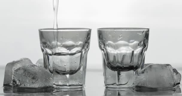 把两杯伏特加从瓶子里倒进玻璃杯里。白色背景 — 图库视频影像