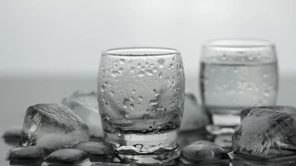 Verter un trago de vodka de una botella en un vaso. Fondo blanco — Vídeos de Stock
