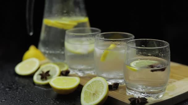 Добавить кубики льда в лимонный сок в стакан с ломтиками лимона. Алкогольный коктейль — стоковое видео
