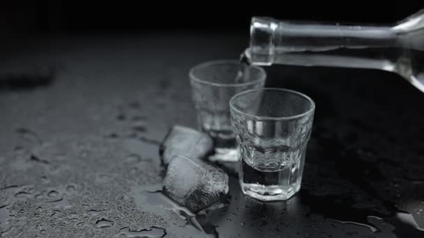 Wodka aus einer Flasche ins Glas gießen. schwarzer Hintergrund — Stockvideo