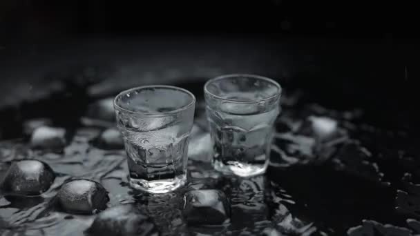 Eiswürfel zu einem Schuss Wodka im Glas vor schwarzem Hintergrund hinzufügen. Alkohol trinken — Stockvideo