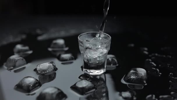 Echando vodka en un vaso. Fondo negro. Verter la bebida alcohólica — Vídeos de Stock