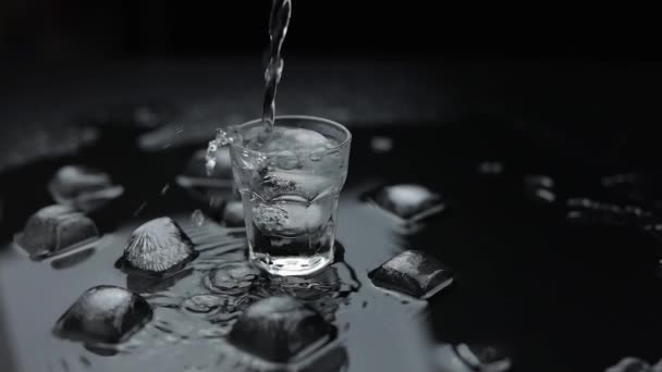 Wodka ins Glas gießen. Schwarzer Hintergrund. Viel Alkohol getrunken — Stockvideo