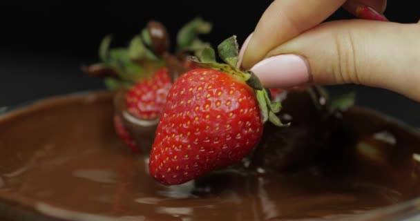 Mano sumergiendo fresa en chocolate derretido. Bayas frescas dulce postre alimentos — Vídeos de Stock