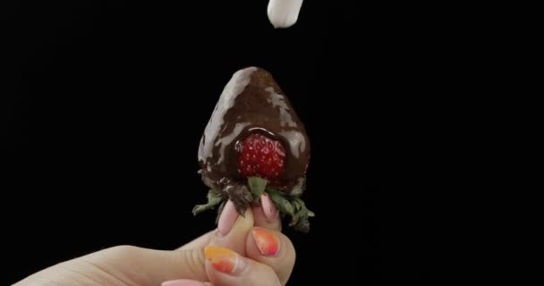Fresa con chocolate derretido. Exprimir la crema batida encima de la baya — Vídeos de Stock