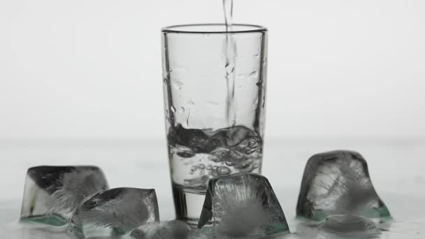 Een shot van wodka in drinkglas gieten. Slow Motion. Witte achtergrond — Stockvideo