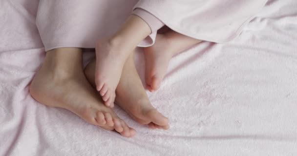 Dois pares de pernas da família na cama sob o cobertor mãe e bebê — Vídeo de Stock