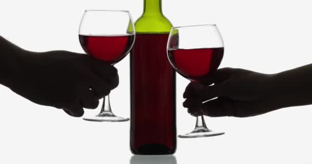Verres au vin de rose. Verres à vin avec vin rouge sur fond blanc — Video
