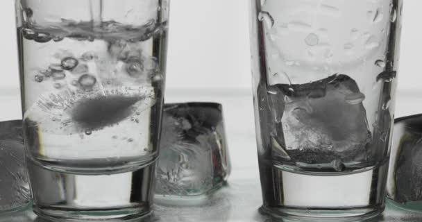 Vierte dos chupitos de vodka de una botella en un vaso. Fondo blanco — Vídeo de stock
