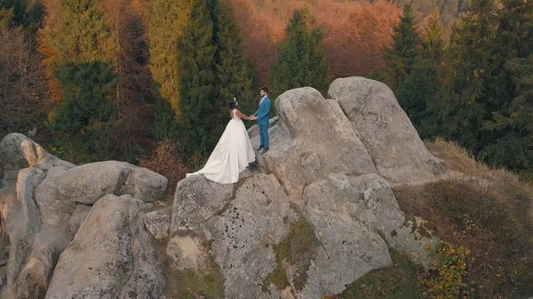 Молодожены стоят на высоком склоне горы. Жених и невеста. Arial view — стоковое фото