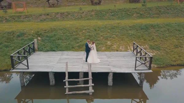 Vőlegény a menyasszony közelében tó a parkban. Esküvői pár. Légifelvétel — Stock Fotó