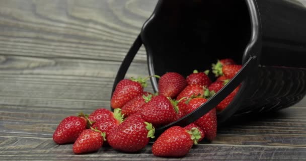 Strawberries in a small black bucket on the wooden table - close up — Stock Video
