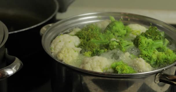 Matlagning färgglada broccoli och blomkål i pannan med kokande vatten — Stockvideo