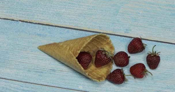 Beereneis. Erdbeeren in einer Waffel auf blauem Holzgrund — Stockvideo