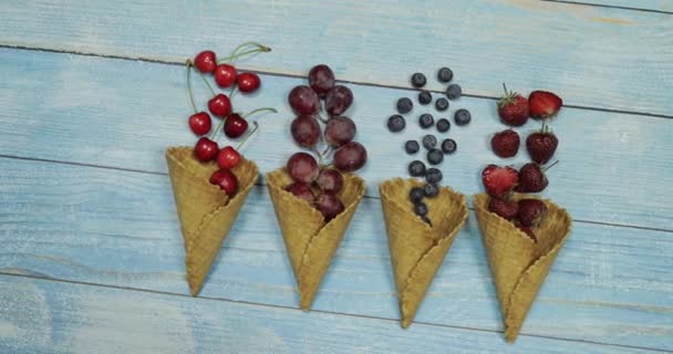 Παγωτό βατόμουρο και φρούτα. Βατόμουρο, φράουλα, κεράσι, σταφύλι σε βάφλα — Αρχείο Βίντεο