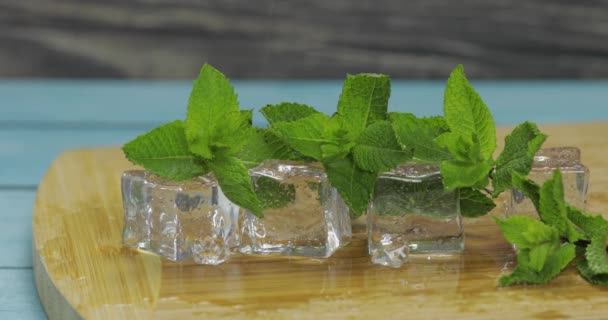 Cubos de hielo y hojas de menta aisladas en tabla de cortar de madera — Vídeo de stock