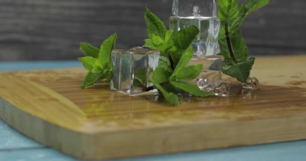 Ice cubes and mint leaves isolated on wooden cutting board — Stock Video