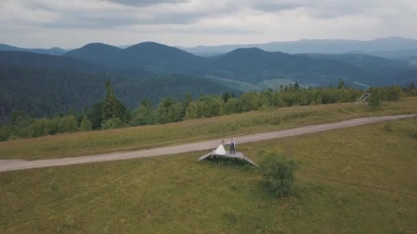 Brudgummen med bruden tillsammans på ett berg kullar. Antenn drönare skott — Stockvideo